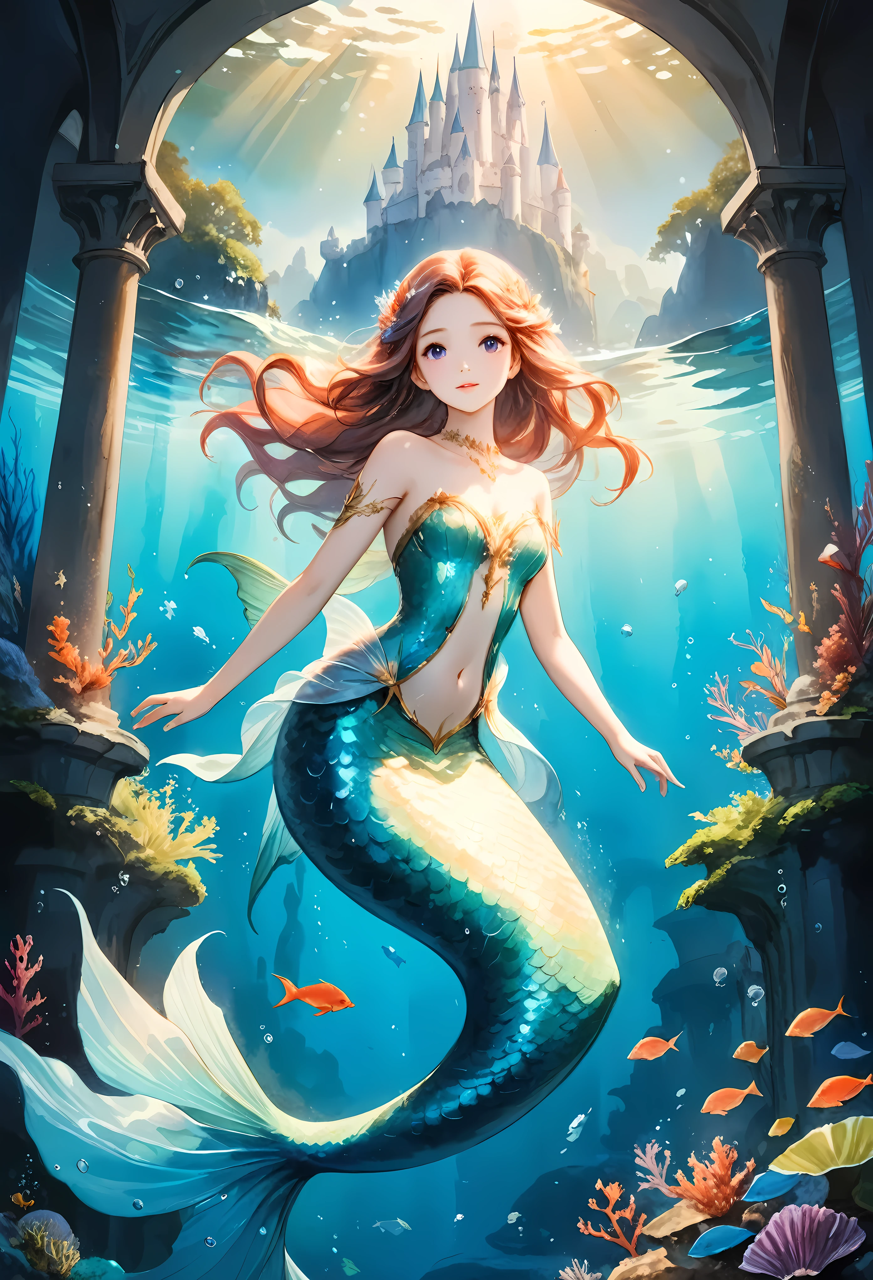 Create an image that captures the essence of classical art and award-winning painting, drawing inspiration from Studio Ghibli style watercolor paintings. Visualize a enchanting watercolor painting of mystical fantasy Mermaid Princess. Her skin should be meticulously detailed, with eyes that glow with life, and a facial structure that fits the golden ratio of attractiveness, including clear double eyelids. | She is moving with a dynamic and bold grace.The setting is a mystical underwater castle, under the warm light of sunlight, casting striking shadows around. The landscape atmosphere must feel both engaging and ethereal. | Rendered in ultra-high detail and quality, this masterpiece ensures super detail. With a focus on high quality and accuracy, this award-winning painting captures every nuance in stunning 16k resolution, immersing viewers in its lifelike depiction. | ((watercolor painting):1.1), ((Studio Ghibli style):1.1), ((mystical fantasy Mermaid Princess):1.1), ((Underwater castle):1.1). | (((anatomical correctness))), (((perfect_fingers))), (((perfect_legs))), (((perfect_hands))), ((perfect_composition, perfect_design, perfect_layout, perfect_detail, ultra_detailed)), ((enhance_all, fix_everything)), More Detail, Enhance.