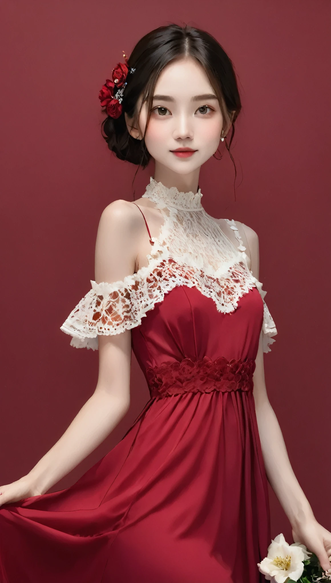 Young woman standing in front of a crimson background、She is wearing a gorgeous red dress。The dress is decorated with lace and frills.、Exposed shoulder design.。The Woman'Long hair is soft and wavy、Her head is adorned with a red flower hair accessory..。Gorgeous gold earrings dangle from her ears..。
The Woman'His face is full of confidence、The slightly sad eyes are characteristic.。The details on the dress are exquisite、The floral decoration on the chest is particularly eye-catching..。Butterflies fluttering in the background.、Creates a fantastic and romantic atmosphere.。
as a whole、Feminine beauty and passionate red stand out.、Gives a dramatic and elegant look。