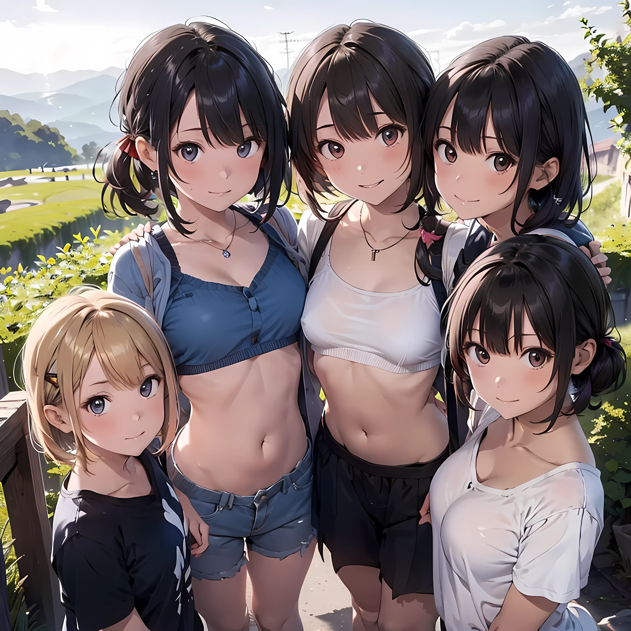 ((masterpiece, best quality, ultra quality, high quality, hyper detailed, intricate detailed, perfect anatomy, shiny skin)), ((upper body:1.2)), (three women are posing for a camera:1.4), (On the mountain trail,At the summit), (sunset), (Lift up your camisole), (full nude:1.4), (smile, shy, red cheek, blush:1.2), (Open your mouth:1.6), (Stand in line) , brown hair, blond hair, navel, jewelry, looking at viewer, necklace, long hair, short hair, Abdominal muscles,  straight hair, bob cut, blunt bangs, silky hair, hair clip, hair band, hair ribbon, one-length haircut, ducktail, outward curled hair, French twist hair, twintails, side ponytail, single braid, wavy hair,