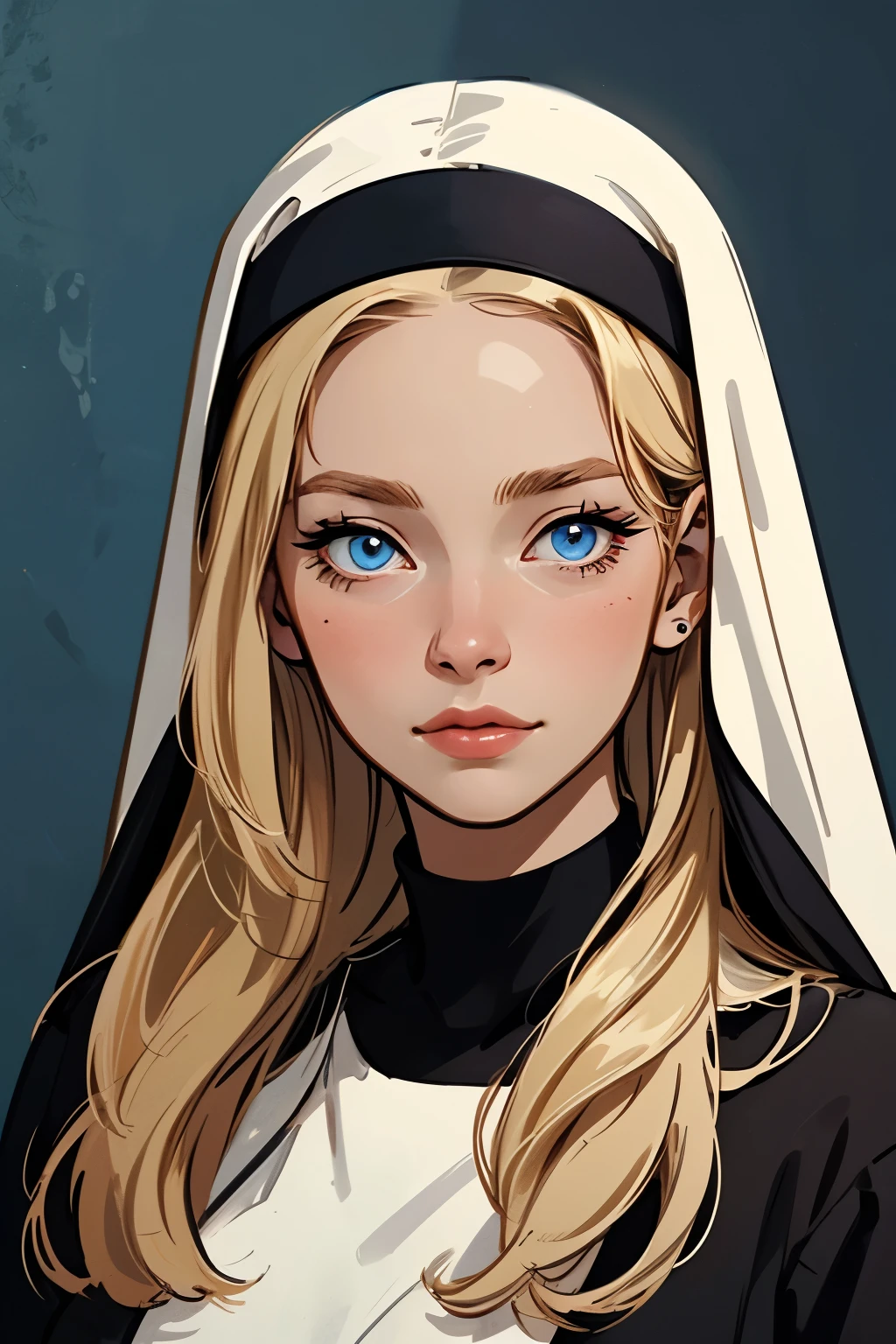 (masterpiece, best quality:1.4), portrait Solo, Pure blond straight hair, black clothes, (long hair) (((straight hair))), Detailed hair, Blue Eyes, beautiful eyes, light on the face, pale skin, a 50 year old mysterious, dark, woman, nun, 