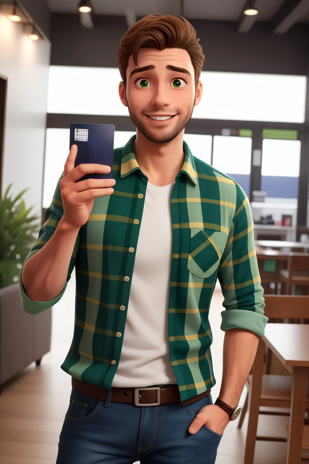 Crie um homem de 30 anos, feliz, without glasses, with a green credit card in hand, green checkered Saint John shirt and jeans, olhos castanhos, sem defeito olhando pra tela