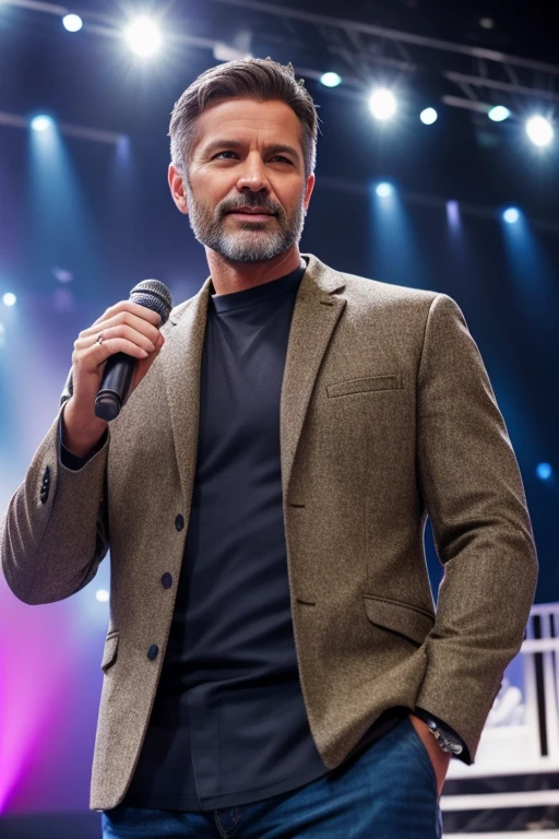 handsome male 40 years old, brushback hair wearing a casual clothes preaching with microphone highlights with Men Wedding Ring detailed, on a stage talking with a young people hiquality, with a ring, hazel eyes, hyper-realistic, speaking happy, Realism, Canon, Nikon, 85mm, HD, 4K, best quality, high details, texture