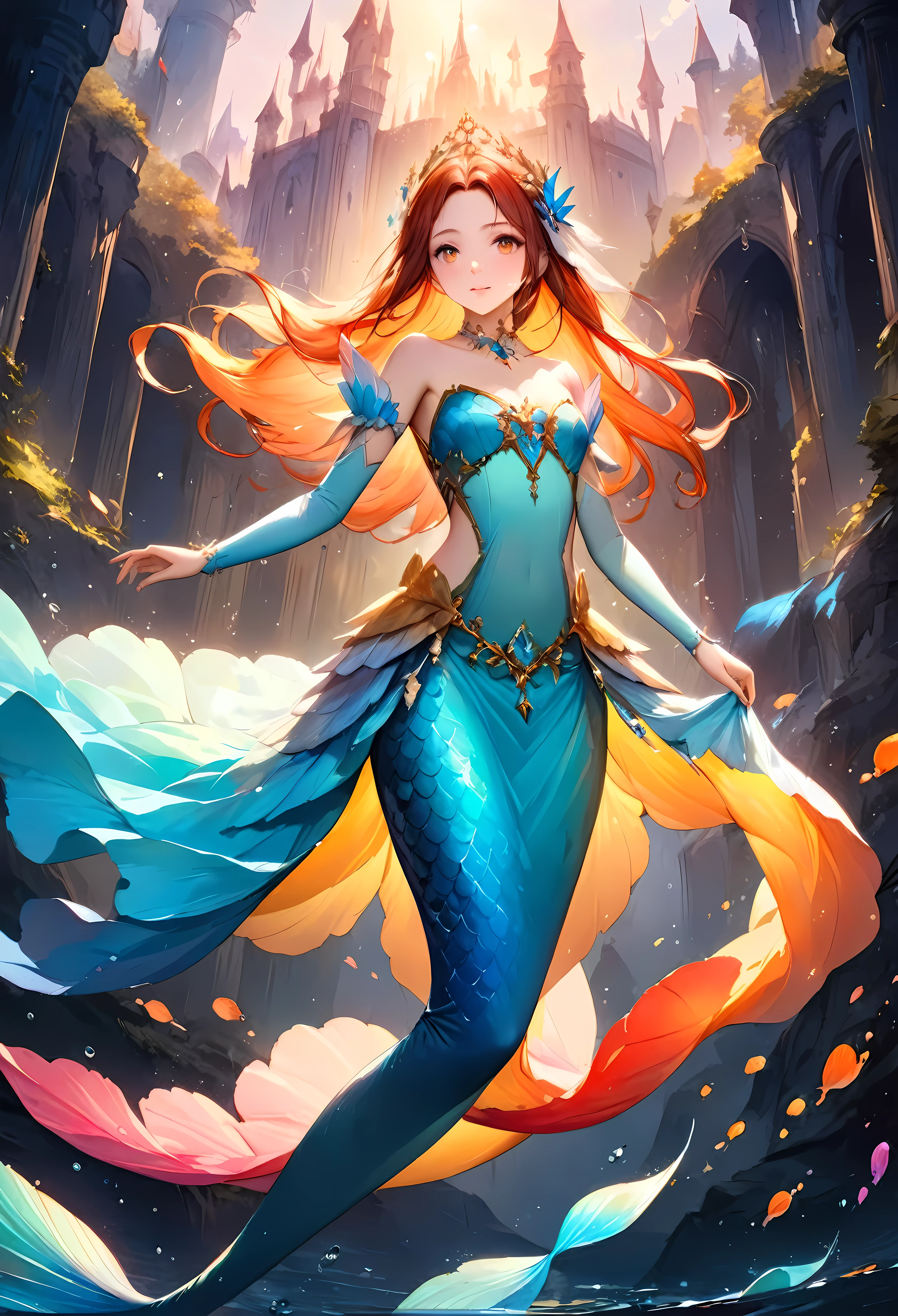 Create an image that captures the essence of classical art and award-winning painting, drawing inspiration from Studio Ghibli style watercolor paintings. Visualize a enchanting watercolor painting of mystical fantasy Mermaid Princess. Her skin should be meticulously detailed, with eyes that glow with life, and a facial structure that fits the golden ratio of attractiveness, including clear double eyelids. | She is moving with a dynamic and bold grace.The setting is a mystical underwater castle, under the warm light of sunlight, casting striking shadows around. The landscape atmosphere must feel both engaging and ethereal. | Rendered in ultra-high detail and quality, this masterpiece ensures super detail. With a focus on high quality and accuracy, this award-winning painting captures every nuance in stunning 16k resolution, immersing viewers in its lifelike depiction. | ((watercolor painting):1.1), ((Studio Ghibli style):1.1), ((mystical fantasy Mermaid Princess):1.1), ((Underwater castle):1.1). | (((anatomical correctness))), (((perfect_fingers))), (((perfect_legs))), (((perfect_hands))), ((perfect_composition, perfect_design, perfect_layout, perfect_detail, ultra_detailed)), ((enhance_all, fix_everything)), More Detail, Enhance.