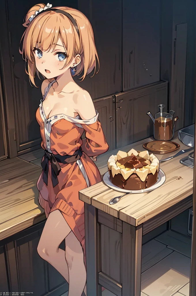 (small breasts:1.3), (perky chest:1.1), (pointed chest:1.0), (Pudding cake magazine cover:1.3),(from above:1.0),(from side:0.9),masterpiece, 1girl, Amazing Cleavage:1.1, thin waist, big ass, Raised sexy, small breast: 1.3, sexy posed cleavage:1.2,solo, open mouth, have a cute grass of cute beergrass,bronde hair, dark blue eyes, dress, bare shoulders, jewelry, collarbone, sidelocks, hairband, earrings, indoors, off shoulder, sweater, arms behind back, plant, short hair with long locks, gild hairband, sweater dress:1.2, off-shoulder sweater, red sweater, dark gord hair, big side hair, very long side hair,is rendered in (masterpiece: 1.2, best quality), with (ultra high resolution) and an exquisite (depth of field). This masterpiece is not only visually stunning but also tells,A scene of cooking in the kitchen in the classroom ,looking at viewer,