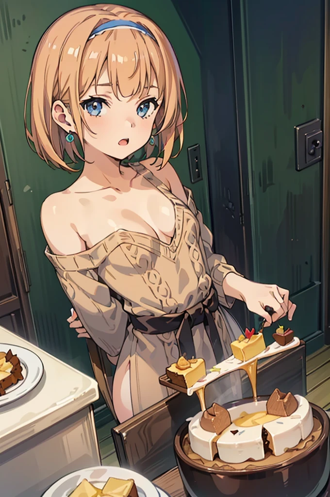 (small breasts:1.3), (perky chest:1.1), (pointed chest:1.0), (Pudding cake magazine cover:1.3),(from above:1.0),(from side:0.9),masterpiece, 1girl, Amazing Cleavage:1.1, thin waist, big ass, Raised sexy, small breast: 1.3, sexy posed cleavage:1.2,solo, open mouth, have a cute grass of cute beergrass,bronde hair, dark blue eyes, dress, bare shoulders, jewelry, collarbone, sidelocks, hairband, earrings, indoors, off shoulder, sweater, arms behind back, plant, short hair with long locks, gild hairband, sweater dress:1.2, off-shoulder sweater, red sweater, dark gord hair, big side hair, very long side hair,is rendered in (masterpiece: 1.2, best quality), with (ultra high resolution) and an exquisite (depth of field). This masterpiece is not only visually stunning but also tells,A scene of cooking in the kitchen in the classroom ,looking at viewer,