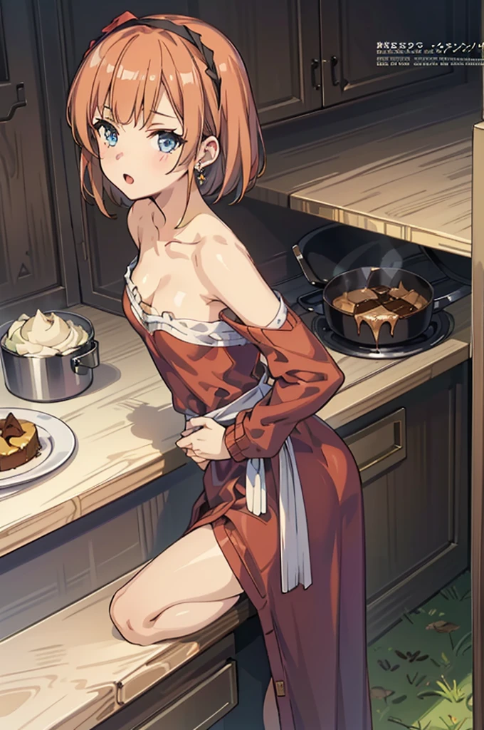 (small breasts:1.3), (perky chest:1.1), (pointed chest:1.0), (Pudding cake magazine cover:1.3)，(from above:1.0),(from side:0.9),masterpiece, 1girl, Amazing Cleavage:1.1, thin waist, big ass, Raised sexy, small breast: 1.3, sexy posed cleavage:1.2,solo, open mouth, have a cute grass of cute beergrass,bronde hair, dark blue eyes, dress, bare shoulders, jewelry, collarbone, sidelocks, hairband, earrings, indoors, off shoulder, sweater, arms behind back, plant, short hair with long locks, gild hairband, sweater dress:1.2, off-shoulder sweater, red sweater, dark gord hair, big side hair, very long side hair,is rendered in (masterpiece: 1.2, best quality), with (ultra high resolution) and an exquisite (depth of field). This masterpiece is not only visually stunning but also tells,A scene of cooking in the kitchen in the classroom ,looking at viewer, 