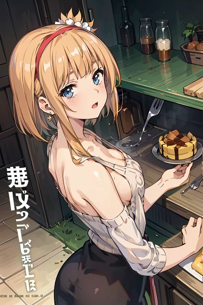 (small breasts:1.3), (perky chest:1.1), (pointed chest:1.0), (Pudding cake magazine cover:1.3)，(from above:1.0),(from side:0.9),masterpiece, 1girl, Amazing Cleavage:1.1, thin waist, big ass, Raised sexy, small breast: 1.3, sexy posed cleavage:1.2,solo, open mouth, have a cute grass of cute beergrass,bronde hair, dark blue eyes, dress, bare shoulders, jewelry, collarbone, sidelocks, hairband, earrings, indoors, off shoulder, sweater, arms behind back, plant, short hair with long locks, gild hairband, sweater dress:1.2, off-shoulder sweater, red sweater, dark gord hair, big side hair, very long side hair,is rendered in (masterpiece: 1.2, best quality), with (ultra high resolution) and an exquisite (depth of field). This masterpiece is not only visually stunning but also tells,A scene of cooking in the kitchen in the classroom ,looking at viewer, 