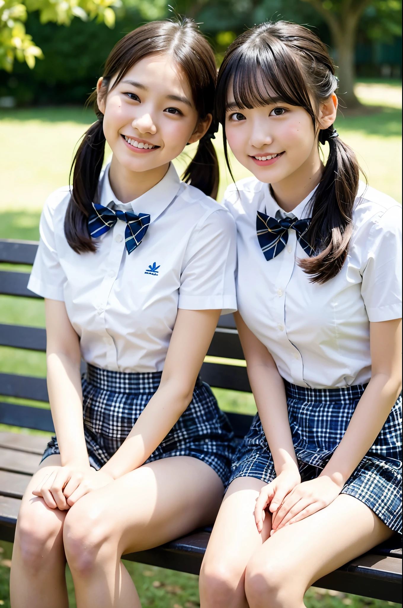 2 girls sitting with knees up on bench in school yard,white shirt with plaid bow tie,break,white panties,break,18-year-old,bangs,a little smile,thighs,knees,short hair and pigtails with barrete,from below,front light