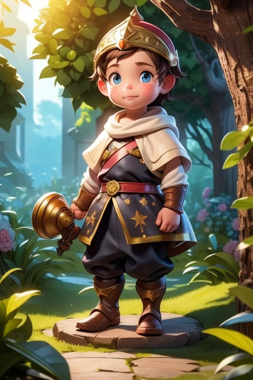 Boy, 8 years old, approximately 1.20 meters, slender and agile body, curious posture, oval face, with slightly pink cheeks, innocent and curious look, large and bright eyes, light brown in color, small nose, small mouth, Become a brave knight who saves princesses in distress in a castle in the woods