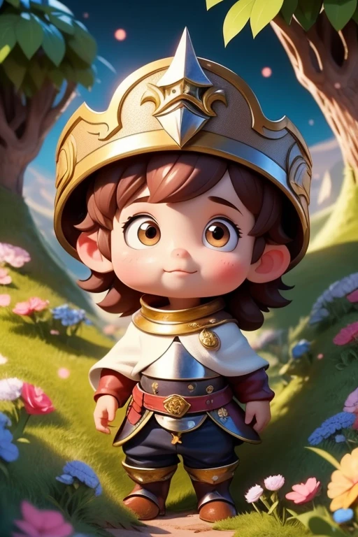 Boy, 8 , approximately 1.20 meters, slender and agile body, curious posture, oval face, with slightly pink cheeks, innocent and curious look, large and bright eyes, light brown in color, small nose, small mouth,  Become a brave knight who saves princesses in distress in a castle in the woods