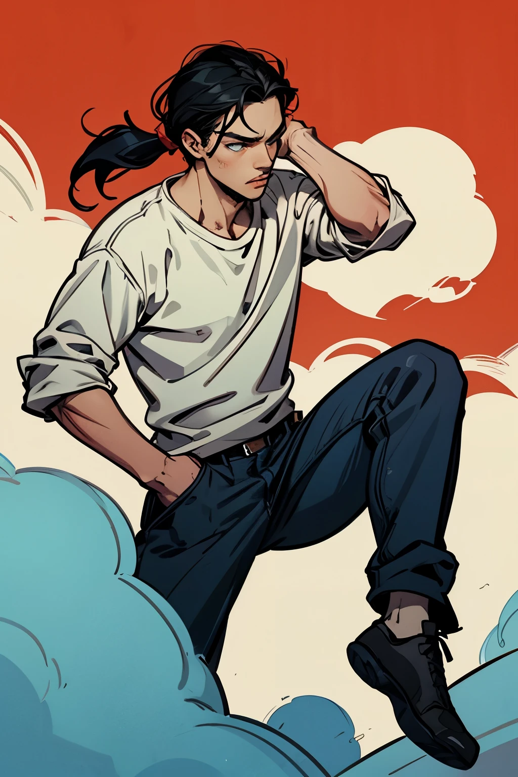 masterpiece, (best quality:1.4), Solo, young male, man, european, blue eyes, black hair, pony tail, pale skin, casual plain clothes, serious eyes, action pose