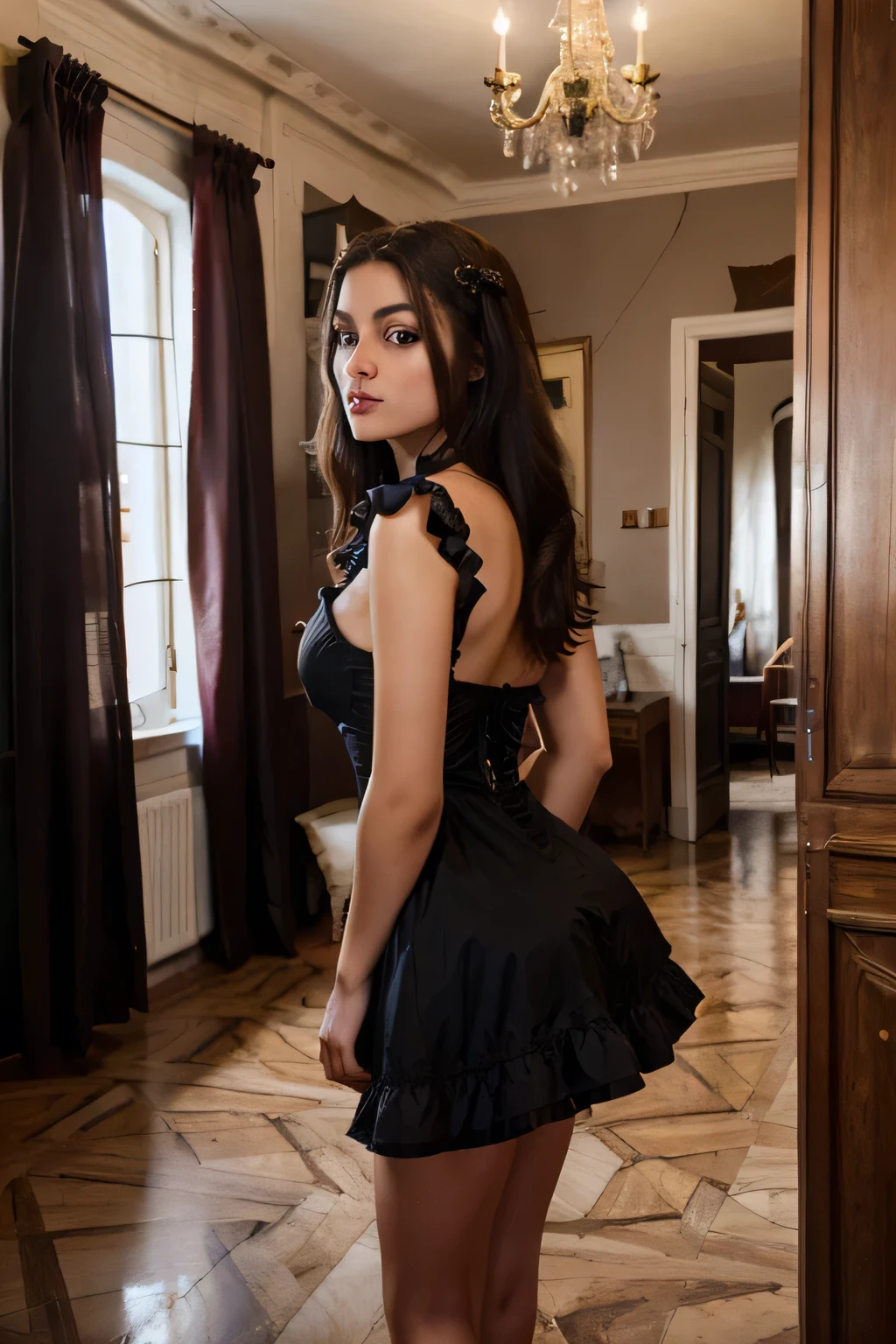 (straight back view), (birds eye perspective), (view from above:1.3), view from above, In a grand and opulent chamber, a huge heavy bust thick thigh cute tween youn14-year-oldrin with hourglass figure ((knelt bend over proudly sensually in chair)). (posing her anus to viewer) Her regal presence commanded attention as she wore a resplendent (Victorian dress:1.3) that accentuated her curves. Adorned with (thigh-high stockings) and a shimmering (floral hair ornament), she exuded an air of elegance and power. As the viewer's perspective shifted to a rear view, the princess turned her gaze back towards them with an enigmatic expression. depth of field, first-person view, pov, bokeh, Nikon, High quality, UHD, retina, masterpiece, ccurate, anatomically correct, textured skin, super detail, high details, high quality, award winning, best quality, highres, HD, parted legs, looking at viewer, pouting her ass, looking back at viewer, back view, accentuate ass, protruding ass, presenting her back to viewer, (anus:1.3), (smile), perfect face, (blonde), ((cute baby face tween youn