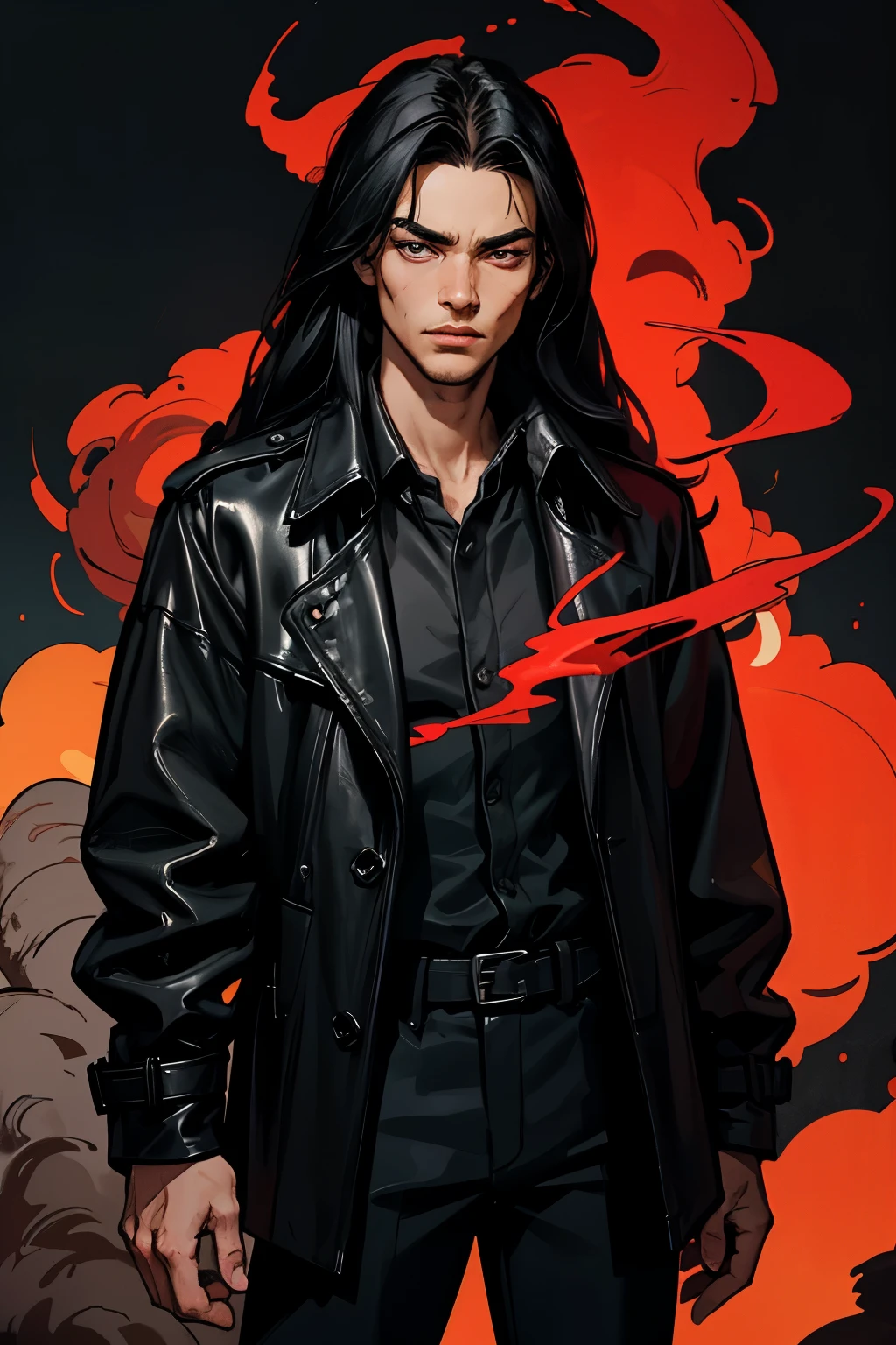 masterpiece, best quality:1.4), portrait Solo, male, man, young man, (((long hair))), ((dark eyes)), black hair, very long black hair ((black trench leather coat)), ((black shirt)), ((black pants)), an evil serious concentrated expression on his face, thin eyebrows, (red smoke everywhere)