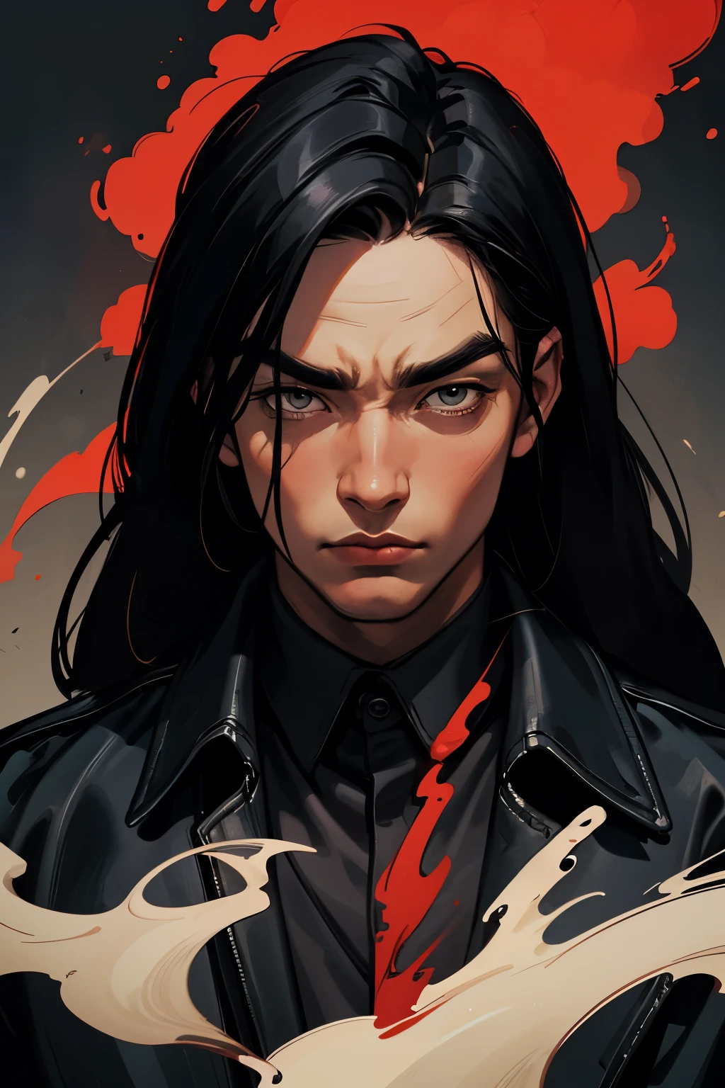 masterpiece, best quality:1.4), portrait Solo, male, man, young man, (((long hair))), ((dark eyes)), black hair, very long black hair ((black trench leather coat)), ((black shirt)), ((black pants)), an evil serious concentrated expression on his face, thin eyebrows, (red smoke everywhere)