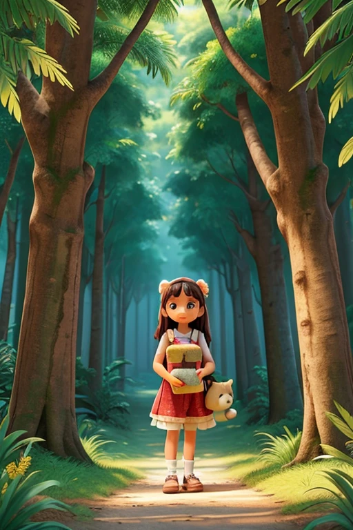 Create a cover for a book where the story tells the exciting adventures of Luiza, uma garotinha curiosa, and her adorable teddy bear, Alicinha, enquanto exploram a misteriosa Floresta Encantada. Ao descobrirem um caminho secreto que os leva para dentro da densa floresta, they are faced with a series of challenges and ancient mysteries.