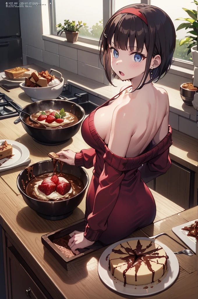 (small breasts:1.3), (perky chest:1.1), (pointed chest:1.0), (Pudding cake magazine cover:1.3),(from above:1.0),(from side:0.9),masterpiece, 1girl, Amazing Cleavage:1.1, thin waist, big ass, Raised sexy, small breast: 1.3, sexy posed cleavage:1.2,solo, open mouth, have a cute grass of cute beergrass,bronde hair, dark blue eyes, dress, bare shoulders, jewelry, collarbone, sidelocks, hairband, earrings, indoors, off shoulder, sweater, arms behind back, plant, short hair with long locks, gild hairband, sweater dress:1.2, off-shoulder sweater, red sweater, dark gord hair, big side hair, very long side hair,is rendered in (masterpiece: 1.2, best quality), with (ultra high resolution) and an exquisite (depth of field). This masterpiece is not only visually stunning but also tells,A scene of cooking in the kitchen in the classroom ,looking at viewer,