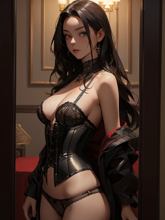 (highest quality, masterpiece: 1.1), (Faithfulness: 1.4), 1 girl, Upper Body, Long Hair, 5 star hotels, Black corset, Dirty clothes, panties