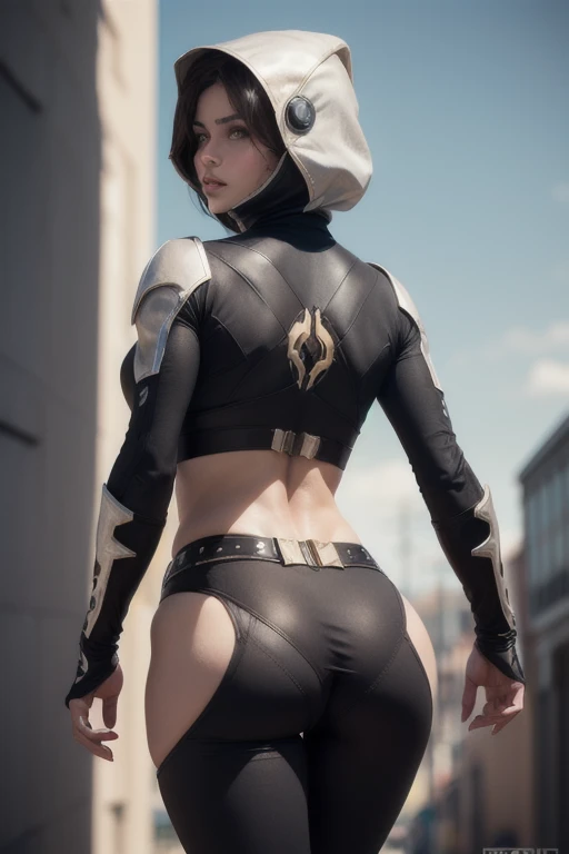 (extremadamente intrincado:1.3), (realista), (obra maestra, mejor calidad:1.2), una imagen futurista, (mujer con hermoso cuerpo), (piel apretada), spandex negro, (placas de armadura espacial:1.5), cuerpo en forma, tonificado, definido, (mirando hacia otro lado:1.4), (Parte posterior de la cabeza:1.4), escena espacial, science fiction film, hyperrealista, (from behind:1.2), (nalgas:1.2), (pelo corto y blanco), belt
