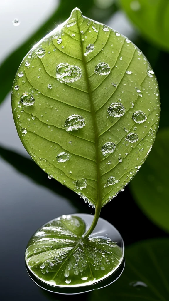a leaf with water droplets on it. The leaf is green and has a slightly rough texture. The water droplets are clear and spherical, and they reflect the light in a way that makes them sparkle. The overall effect is very calming and peaceful.