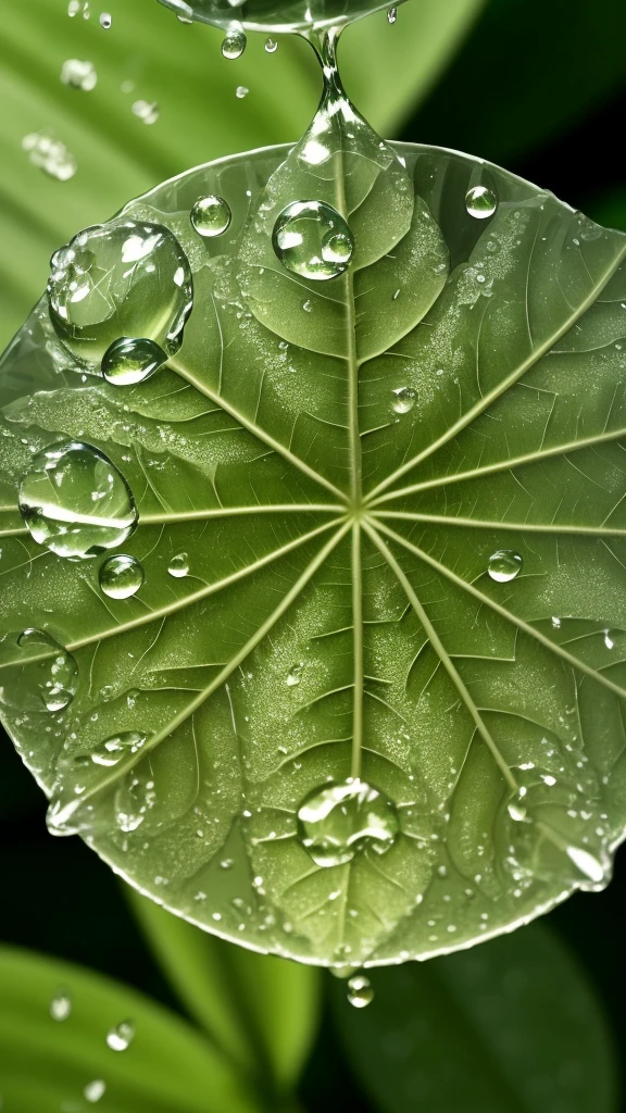 a leaf with water droplets on it. The leaf is green and has a slightly rough texture. The water droplets are clear and spherical, and they reflect the light in a way that makes them sparkle. The overall effect is very calming and peaceful.