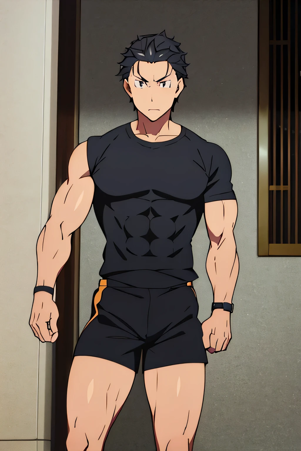 Subaru is flexing his biceps. He wears black shorts. You can see his thighs. He looks stoic and serious. He has bulging veins on his arms. He wears a black tshirt with short sleeves. His sleeve is completely rolled up so you can see his entire arm and shoulder. He is showing his abs too.