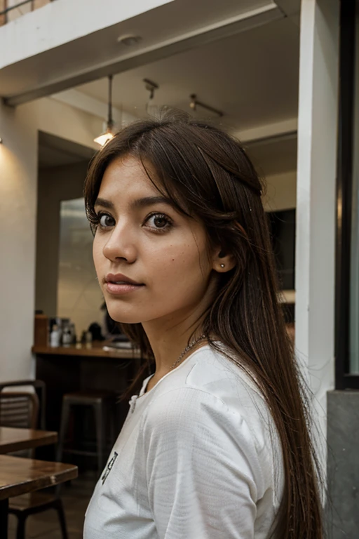 cute latina girl venezuela los andes gocha blanca light brown hair, ojos cafe, edificio gris moderno