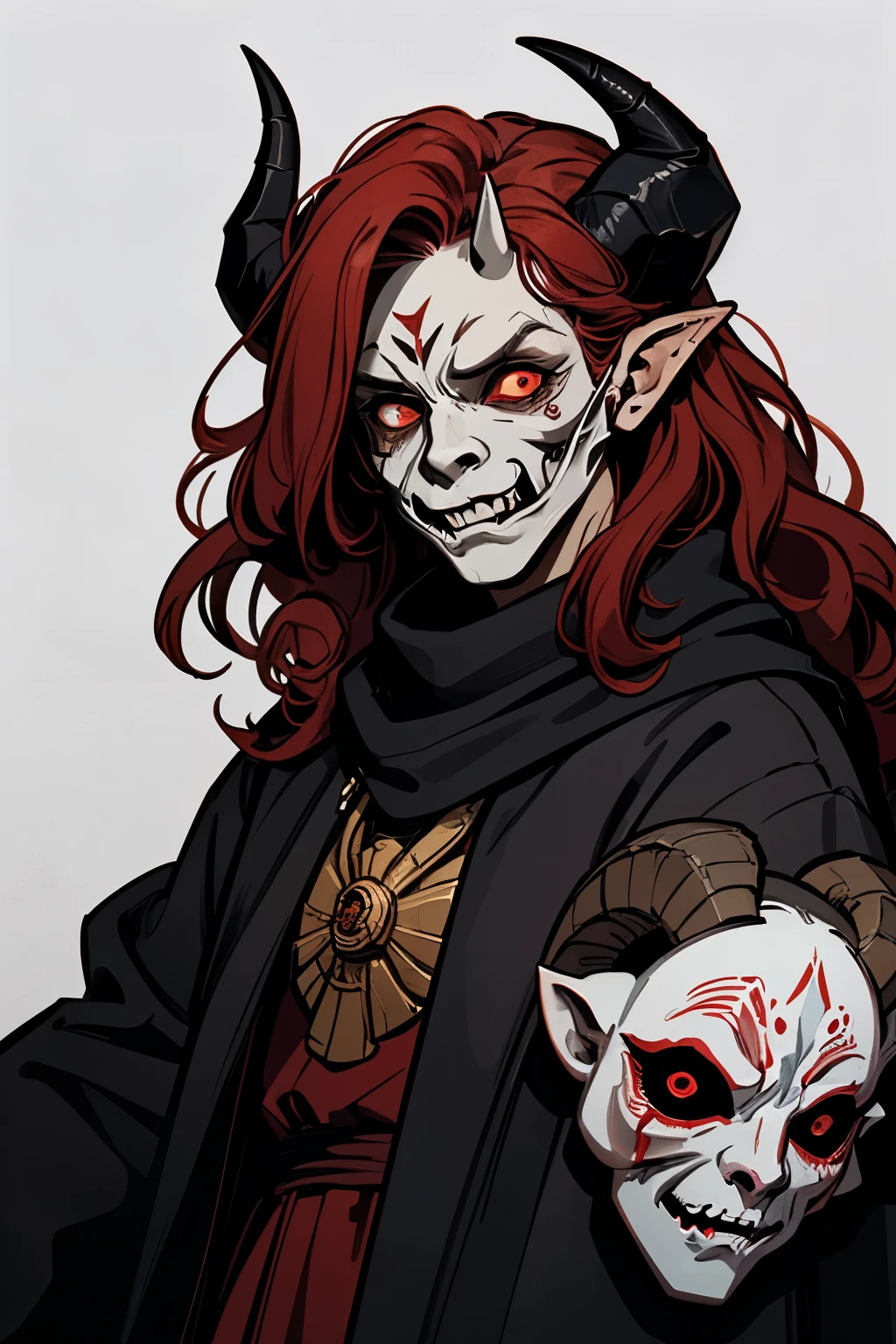 (demon), ((wearing a scary white mask)), (horrifying,shocking),blood-spattered male demon covered in blood,long flowing wavy red hair, ((ram curled horns)), (black horns) ,dramatic lighting,gritty and intense,horror portrait,violent,splattered blood,dark and haunting background,close-up of face and body,bloody handprints,terrifying aura,macabre,vivid colors,high contrast, slavic black full clothes, medieval scarf, monster claws