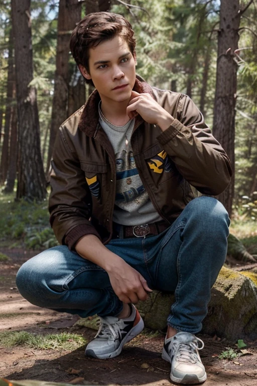 Dylan O'Brien, Stiles Stilinski, Teen Wolf, 18 years old, short messy dark brown hair, honey eyes, open red sports jacket, yellow shirt with light brown fox print, blue jeans with silver belt, fox pendant, Black sneakers with white fox print. forest background fox aura around black color