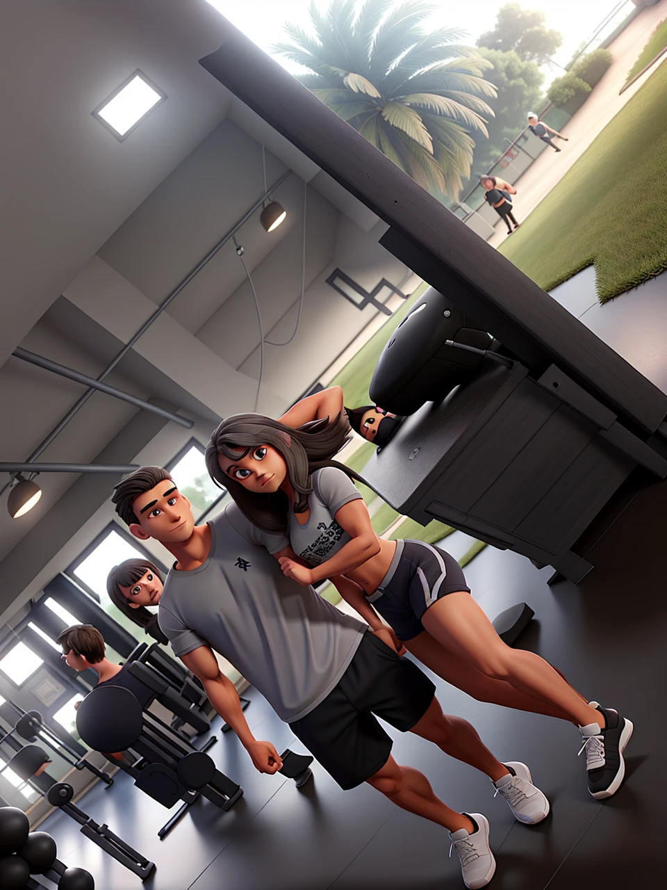 Couple with defined muscles, he with short gray hair, she with long straight dark hair, posing for a background in a large and beautiful gym