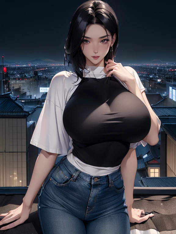 ((Midnight、highest quality、8k、masterpiece:1.3)), Carving an idol pose,Ezvian everywhere, pale cheeks, Thin chin, Long legs, Sharp focus:1.2, Beautiful woman with perfect figure:1.4, Slim Abs:1.1, Full body photo, Shyness, Realistic depiction, Japanese actress, ((Black-haired、Narrow waist、Huge breasts:1.2)), (White tight t-shirt、The swelling of the breasts covered by a T-shirt、Bib Jeans, Are standing:1.2), ((Night city view、On the roof:1.3)), Highly detailed face and skin texture, Fine grain, double eyelid