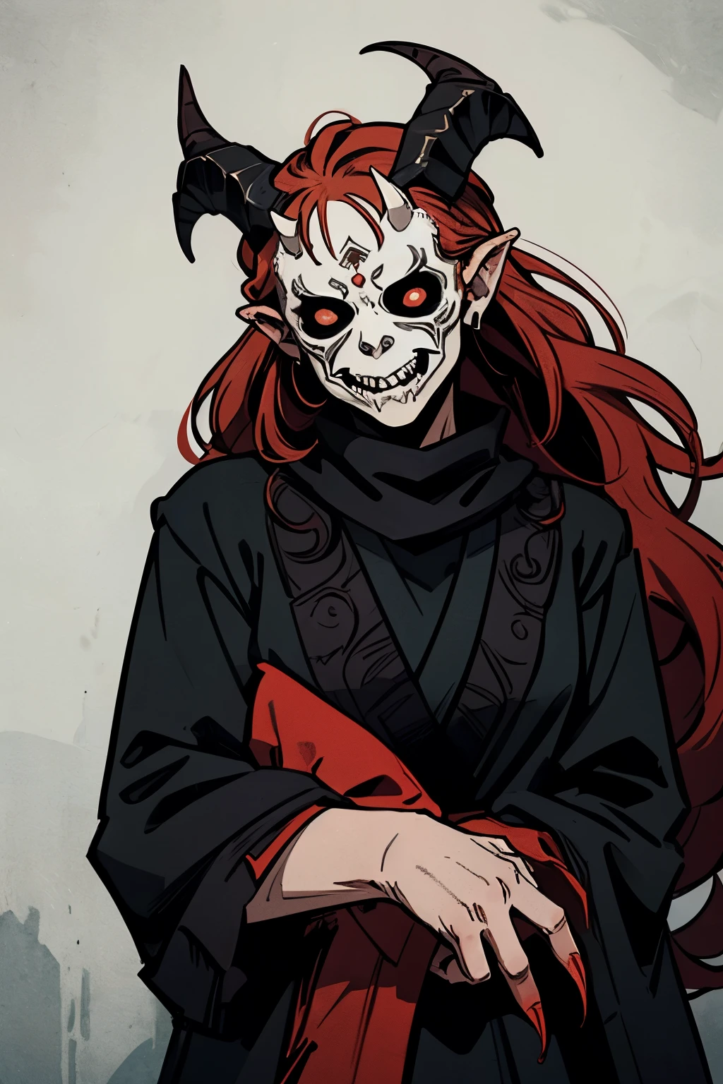 masterpiece, (best quality:1.4), portrait Solo, ((demon)), (((wearing one scary white mask))), (((male))), red skin, demo ears, ((scary demon), blood, (((ram curved horns))), long wavy red hair, (((slavic black full clothes))), medieval scarf, monster claws