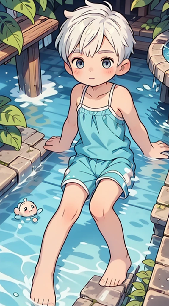 Cute Boy,  boy, ((young)), shota, wearing prince clothes, royalty, summer royal clothes, kid, hota)), short hair, ((boy)), (white hair), grey eyes, kawaii, relaxing, sleeping in the water, (little stream of water), wet, water splashed on him, arms raised, resting, shy 