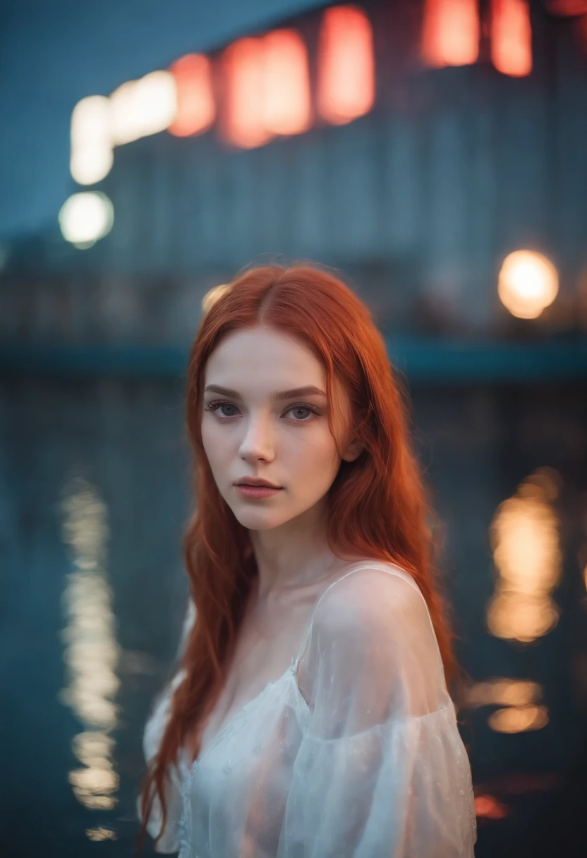 Portrait of Super pretty and (sexy) rusian adolescent, long red hair, manga style photography, mystical white (small transparet clothes), posing in a neon dirty world at rainy nigth, water reflection, neon ligths, bokeh background.