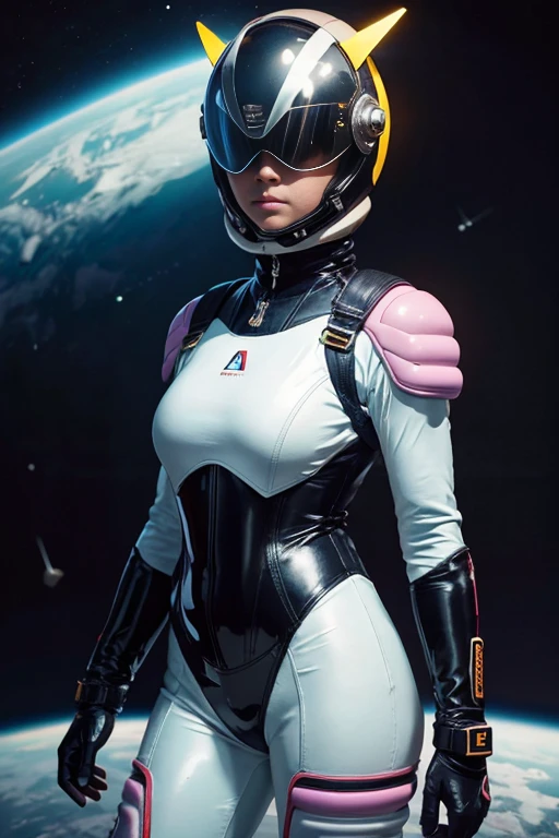 raw photo of a woman in latex space suit with shoulder pads, armadura, grandes botas, cuello, sticky mechanical details, Alta moda, cara linda, tiro sincero, lujo, colores pastel, fondo borroso