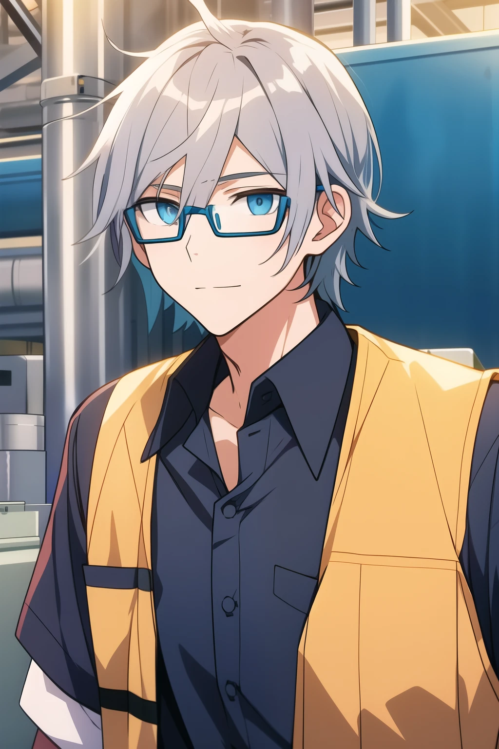 anime guy with grey hair and blue eyes, wearing a factory worker outfit and is also wearing glasses