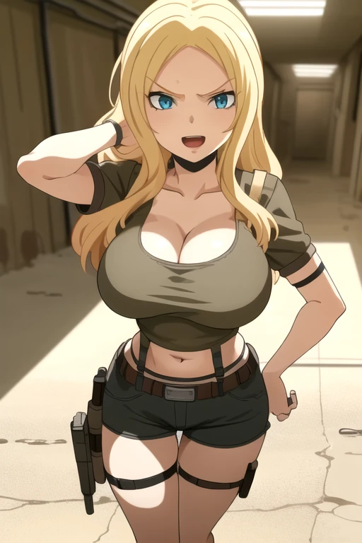 ultra high res, masterpiece, 1girl, solo, IrinaJelaviÄR4, blonde hair, blue eyes, :d, expressive eyes, perfect face, large breast, big breast, small waist, perfect figure, highly detailed, showing cleavage, dressed as lara croft, full body portrait, brown shorts, belt gun holster, teal spandex top, brown hiking boots, brown shorts, dark brown shorts, short shorts, teal top, mid section exposed, long_hair, navel, open_mouth, holding aiming two pistols in both hands, aiming the guns at the viewer, smile, solo, (Background: Indoors, concrete hallways, inside of a bunker, pipes in the surroundings)
