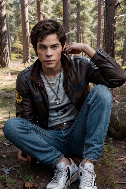Dylan O'Brien, Stiles Stilinski, Teen Wolf, 18 years old, short messy dark brown hair, honey eyes, open red jacket, yellow shirt with light brown fox print, blue jeans with silver belt, fox pendant, sneakers black with white fox print. forest background fox aura around black color