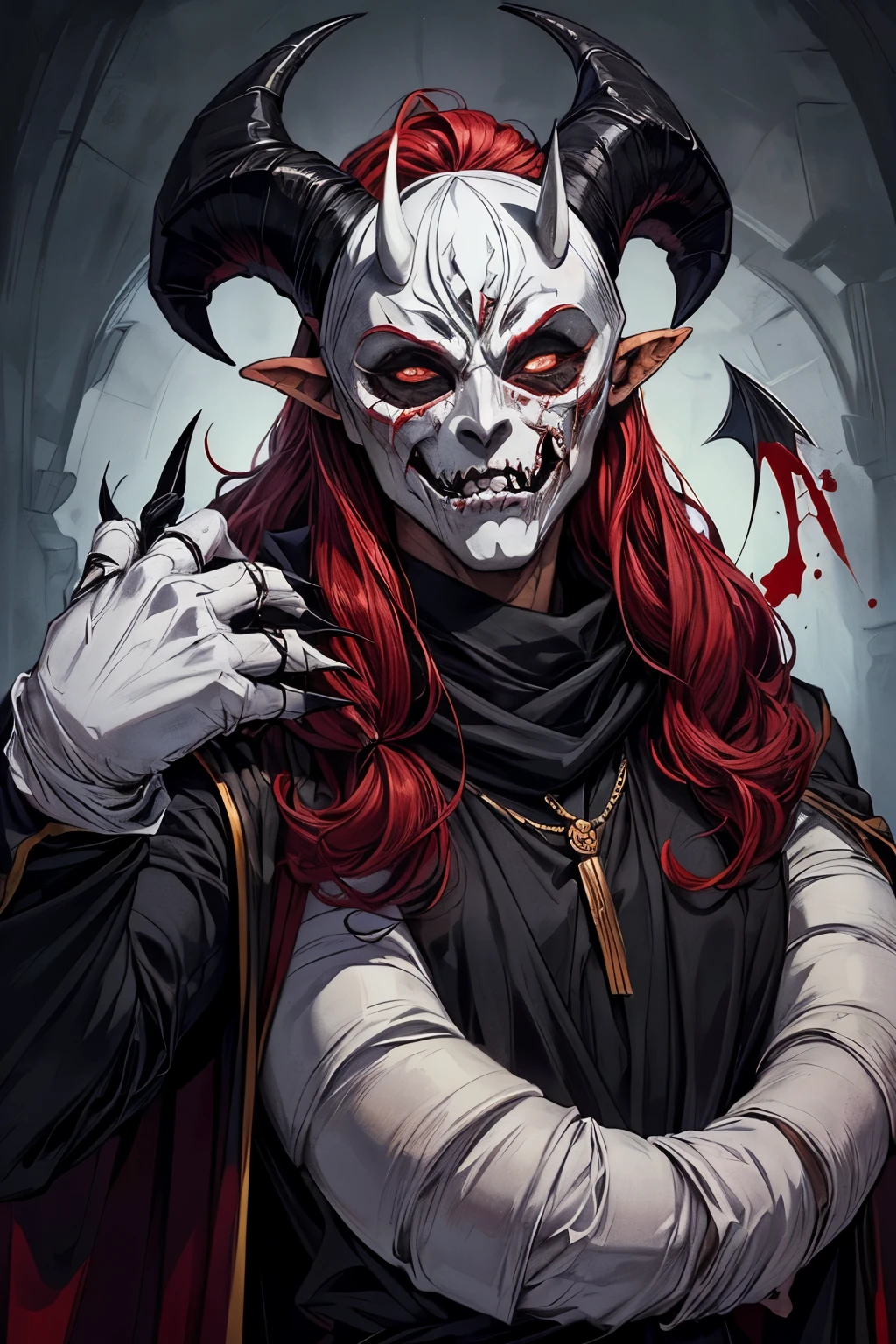 masterpiece, portrait ((Solo)), ((demon)), (((black skin))), hairy skin, (((male))), male demon, ((scary demon), (((wearing only one scary white mask))), blood, (((ram curved horns))), long wavy red hair, (((slavic black full clothes))), long sleeves, medieval scarf, claws,