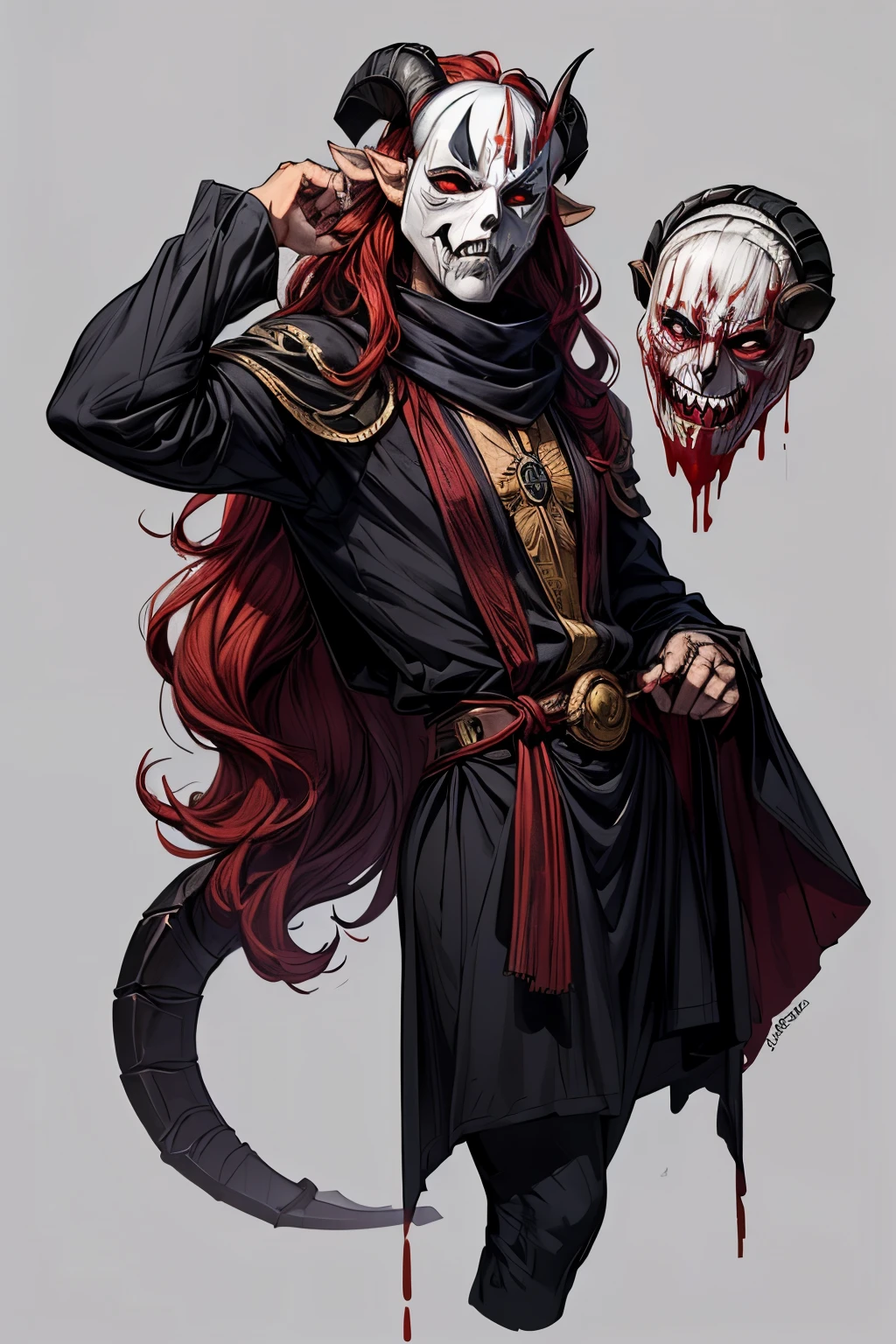 masterpiece, portrait ((Solo)), ((demon)), (((black skin))), hairy skin, (((male))), male demon, ((scary demon), (((wearing only one scary white mask))), blood, (((ram curved horns))), long wavy red hair, (((slavic black full clothes))), long sleeves, medieval scarf, claws,