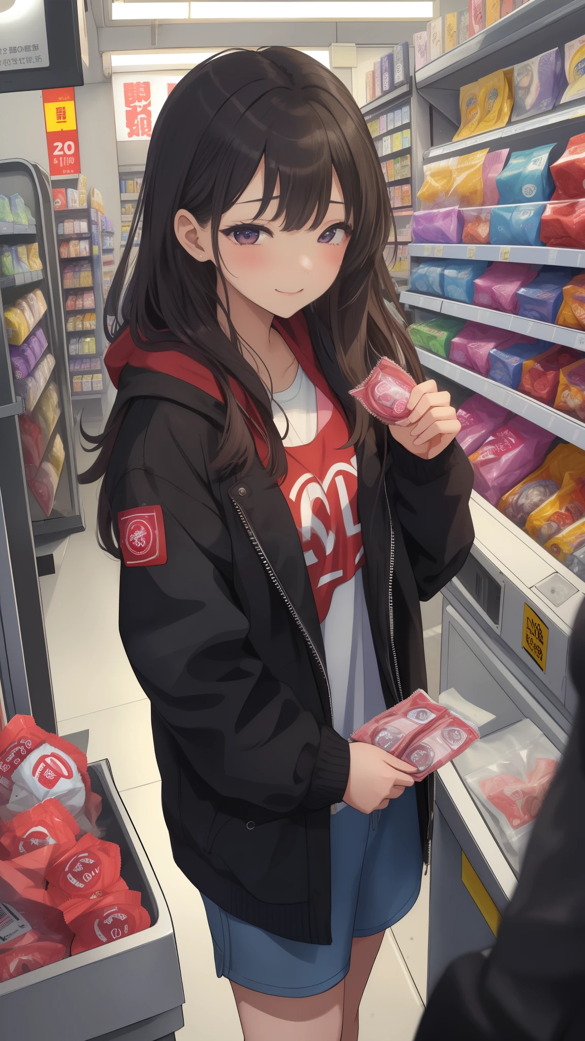 masterpiece、high resolution、high quality、Faithfully reproduced、A girl came to the convenience store to buy condoms、She shyly bows her head and hands the condom to the cashier.、Girl waiting in line at the cash register、(((pov:1.5)))