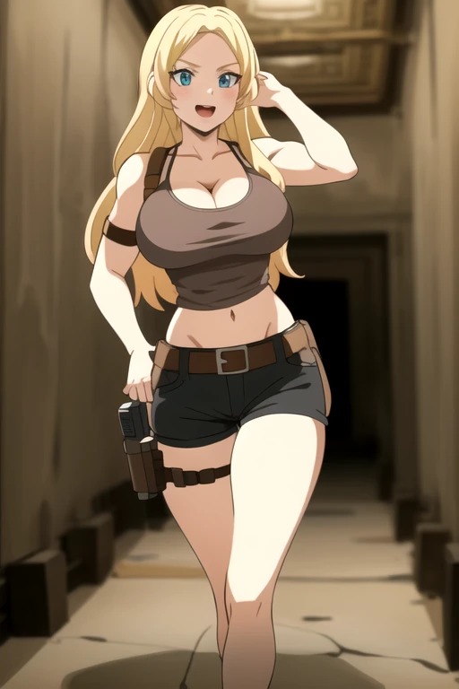 ultra high res, masterpiece, 1girl, solo, IrinaJelaviÄR4, blonde hair, blue eyes, :d, expressive eyes, perfect face, large breast, big breast, small waist, perfect figure, highly detailed, showing cleavage, dressed as lara croft, full body portrait, brown shorts, belt gun holster, teal spandex top, brown hiking boots, brown shorts, dark brown shorts, short shorts, teal top, mid section exposed, long_hair, navel, open_mouth, holding aiming two pistols in both hands, aiming the guns at the viewer, smile, solo, (Background: Indoors, stone hallways, inside of a temple, cracks in the wall, hieroglyphs, vines)
