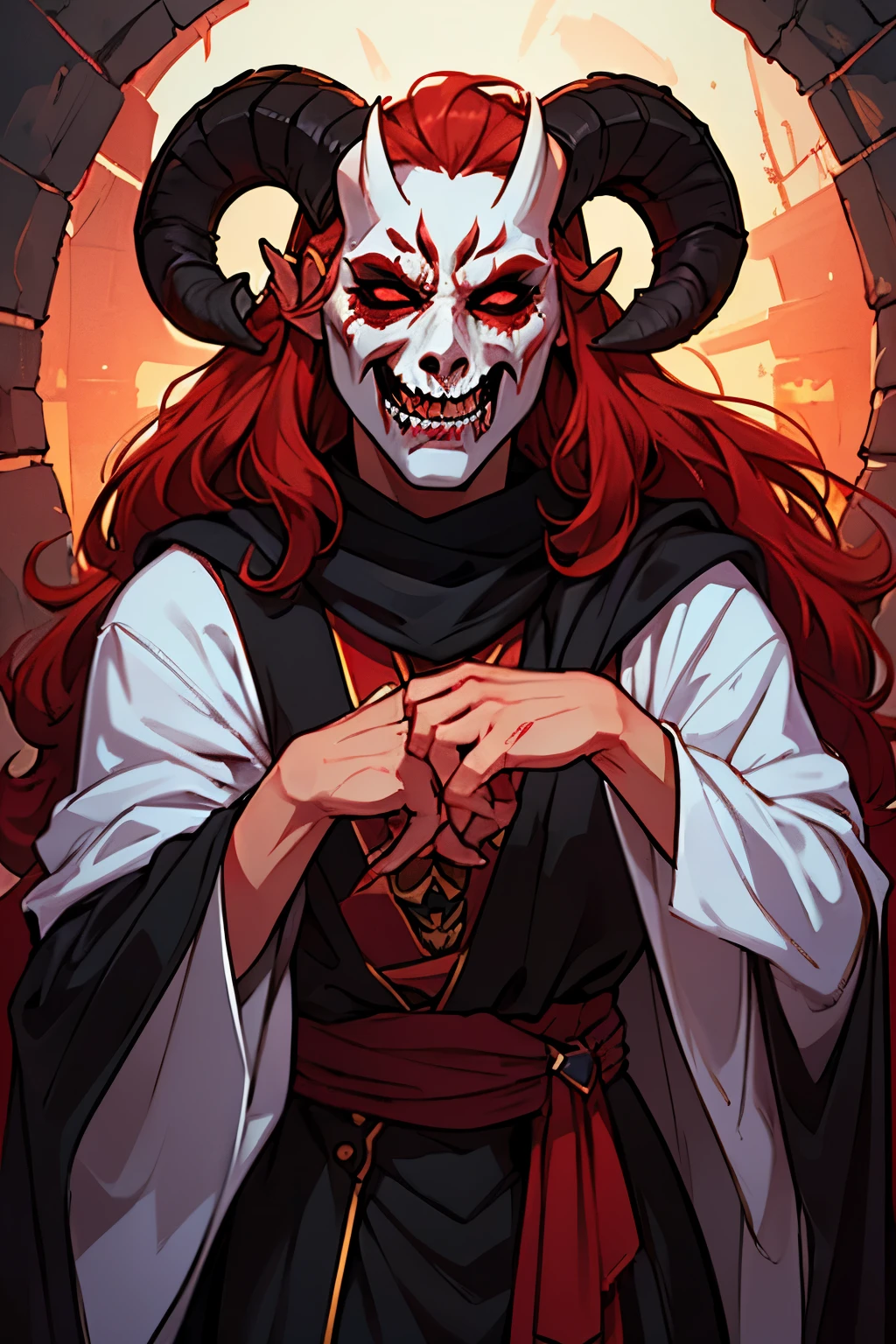 masterpiece, (best quality:1.4), portrait Solo, ((demon)), (((male))), red skin, ((scary demon), (((wearing a scary white mask))), blood, (((ram curved horns))), long wavy red hair, (((slavic black full clothes))), medieval scarf, monster claws