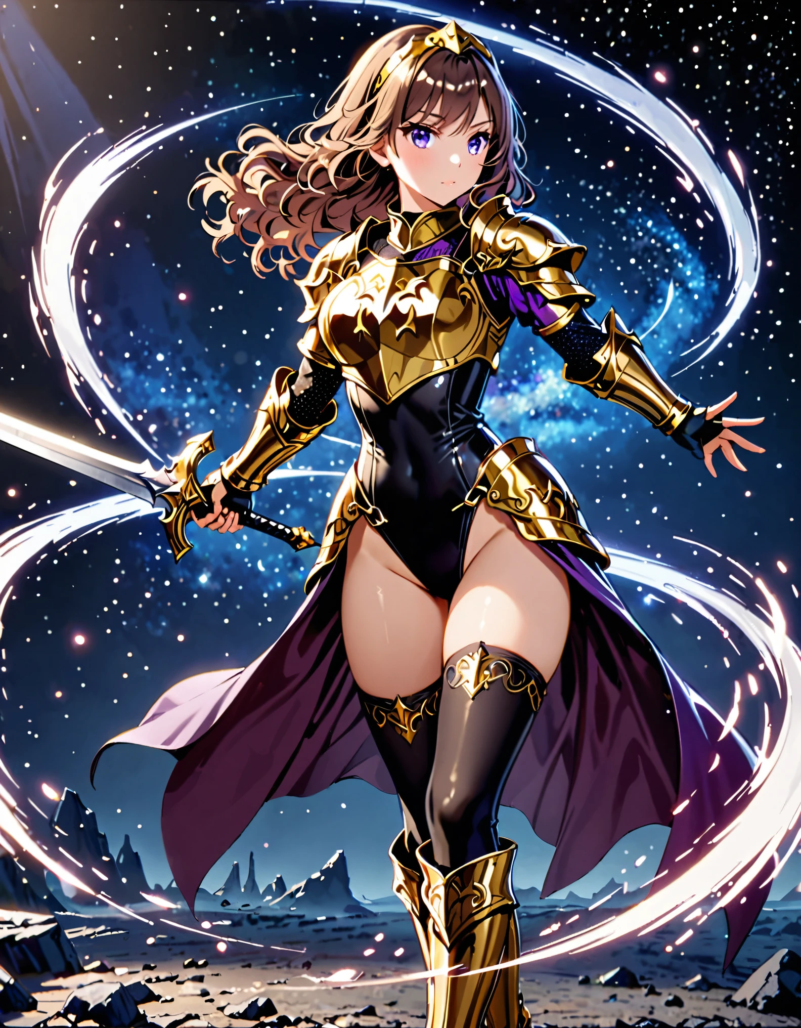 masterpiece, best quality, solo focus, 1girl, 22 years old, brown hair, (wavy hair, short hair), gold headband, purple eyes, beautiful detailed eyes, (gold medieval armor), (eagle (symbol) on chest), gauntlets, (leotard, black leotard, matching leotard, bare legs), (thighhigh leggings, boots, matching boots), perfect hands, (wielding sword, silver broad sword), space backdrop, (diffraction spikes, light particles), solo, (perfect anatomy), (full body shot), cowboy shot, curved sword slash, she (spins around) like a (tornado).