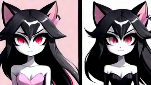 HazbinStyle, assymetric, a cartoon character, female fox like demon, long black hair, black fox like ears, fluffy grey and black fox tail, reddish pink irises, black claw like nails, two canine like fangs, pale pinkish skin tone, black corset top, black and pink short skirk, thigh high black heeled boots