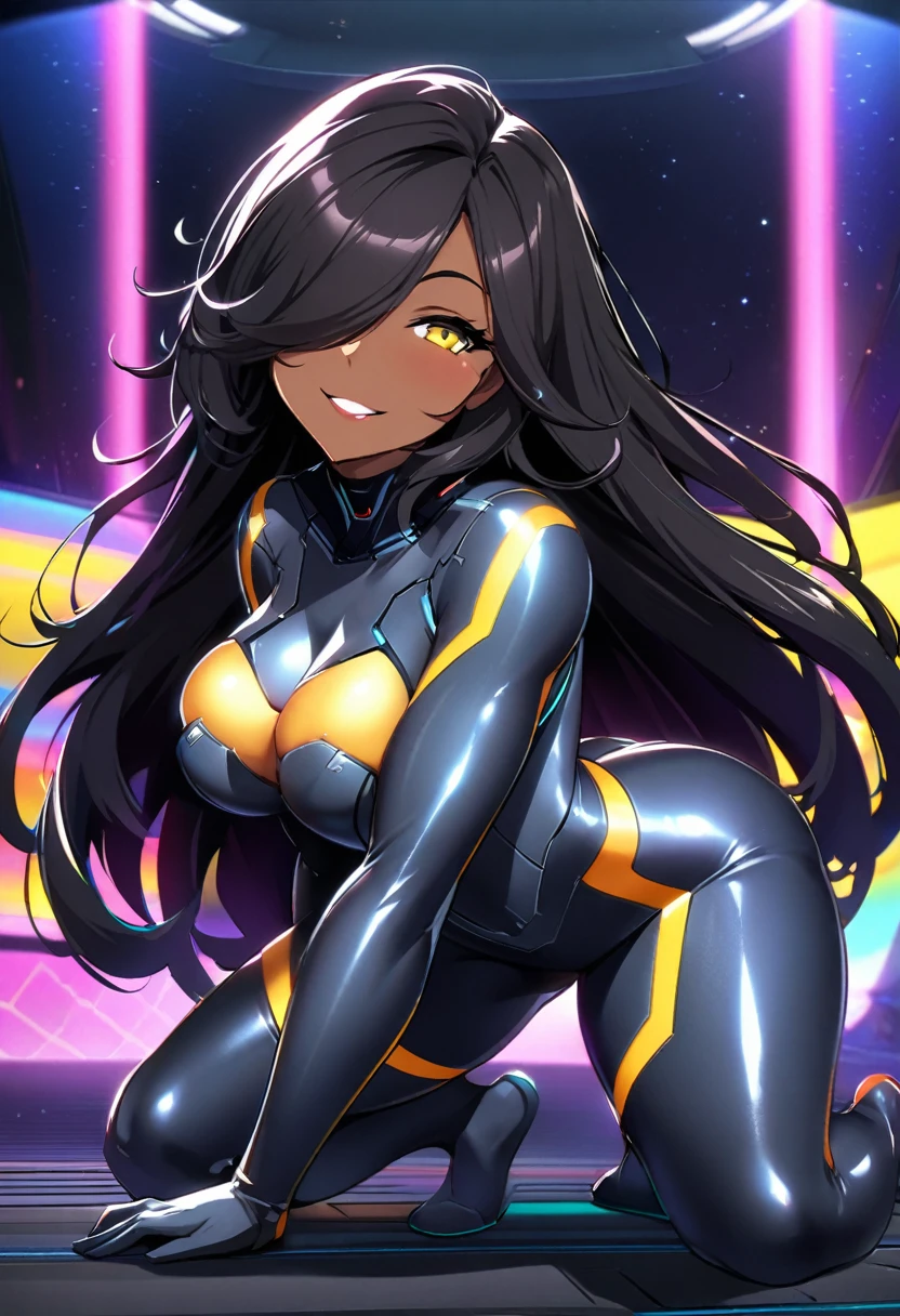 (SLE, mksks style, detailed background:1.1), (solo:1.3), mature, woman, dark skin, sci fi body suit, long hair, black hair, beautiful hair, hair over eye, yellow_eyes, voluptuous body, happy, full body view, head tilt, close up, volumetric lighting, (indoor:1.3), space station, colorful, showing off curves, seductive look, on all fours