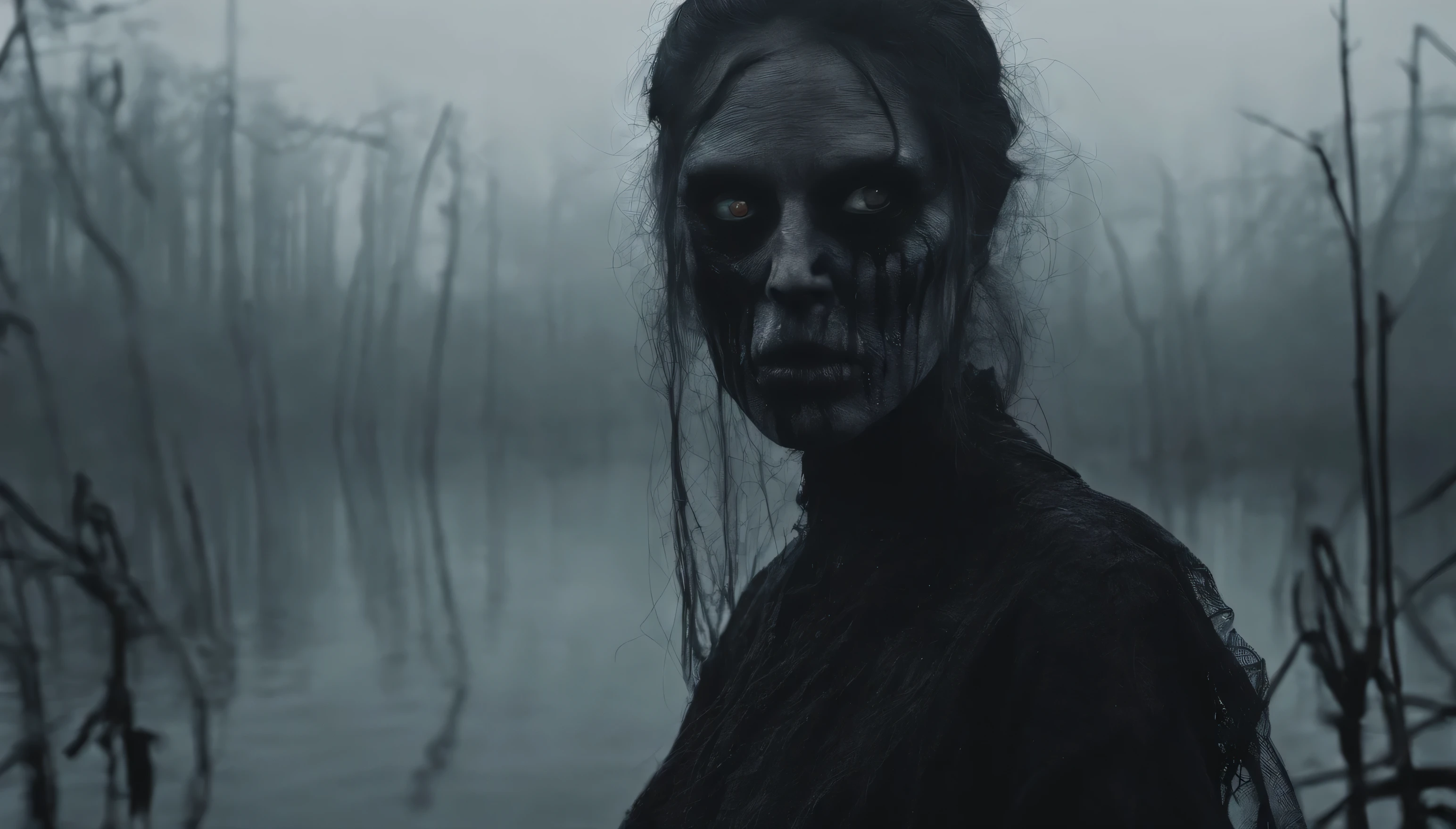 Half-length photo of a scary demonic woman in a foggy swamp, pale skin, witch aesthetic, filme de terror, cinematic, ambiente escuro, ultra detalhado, Fotorrealista, Obra de arte.