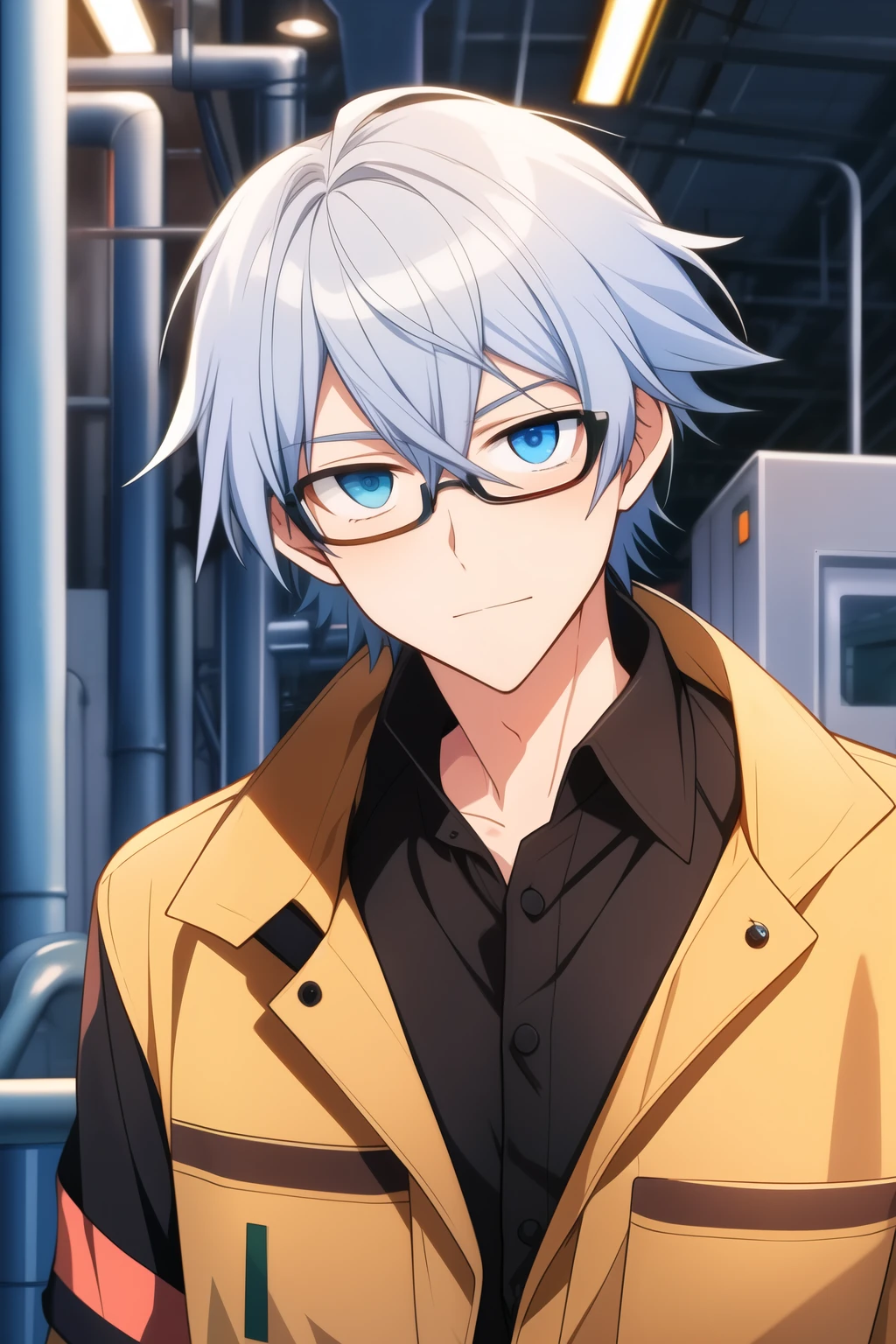 anime guy with silver hair and blue eyes, wearing a factory worker outfit and is also wearing glasses
