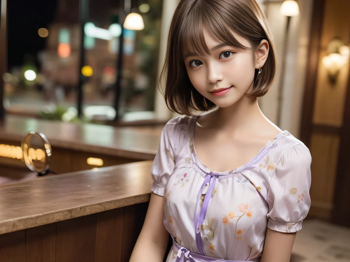 Ultra HD,((8K)),(1 Female:1.2 Beautiful and natural、High quality texture, Intricate details, Fine texture, High Detail, Highly detailed CG, High Quality Shadows, Realistic facial expressions, Beautiful and delicate face down to the last detail, Beautiful and delicate eyes, Brown pupil, A perfectly balanced face, Depth of written boundary, Cinematic Light, Lens flare, Ray Tracing,perspective, (Big eyes:1.2),Blushing cheeks, Perfect body,(Dutch Angle,Excellent anatomy,, elegant, ((Bright colors,)) 、Waist、Small Mouth、((Purple clothes))、((bar))、((furubody))、((15 years old))、(very short hair/extra short),(night)、night scene、(Ultra short hair)、((Berry Short))、(Straight bangs)、((one person))、(Large Breastini dress short sleeve))、(smile)、((Shiny clothes))、((Floral clothes))、