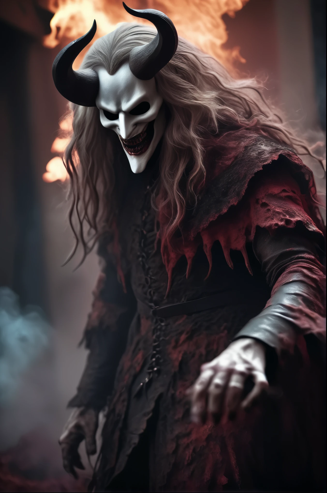 Horror-themed cinematic film still,a horrifying red-skinned male demon king, (((wearing a scary white mask))),(full body portrait:1.3), (detailed scaly skin texture:1.2), long curved horns, (in hell, swirling tormented souls, billowing smoke:1.5), long wavy red hair, (((slavic black full clothes))), medieval scarf, monster claws,, shallow depth of field, vignette, highly detailed, high budget, bokeh, cinemascope, moody, epic, gorgeous, film grain, grainy . Eerie, unsettling, dark, spooky, suspenseful, grim, highly detailed