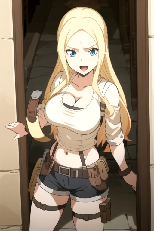 ultra high res, masterpiece, 1girl, solo, IrinaJelaviÄR4, blonde hair, blue eyes, :d, expressive eyes, perfect face, large breast, big breast, small waist, perfect figure, highly detailed, showing cleavage, dressed as lara croft, full body portrait, brown shorts, belt gun holster, blue spandex top, brown hiking boots, brown shorts, dark brown shorts, short shorts, blue top, mid section exposed, long_hair, navel, open_mouth, holding aiming two pistols in both hands, aiming the guns at the viewer, smile, solo, (Background: Indoors, stone hallways, inside of a temple, cracks in the wall, hieroglyphs, vines)
